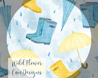 Rainy Day Seamless Pattern - Digital PNG File - Hand Drawn- Umbrella, Rainboots, Raindrops Design