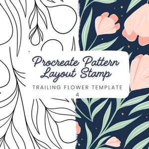 Puede incluir: Sello de patrón digital Procreate con una plantilla de flores. La imagen está dividida en dos mitades: una con dibujo lineal en blanco y negro de hojas y la otra con un patrón floral en rosa, verde y dorado sobre fondo azul marino.