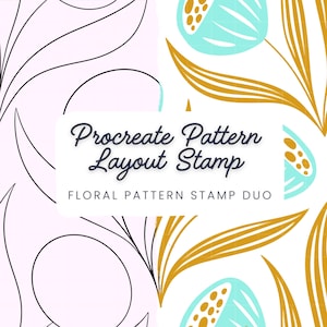 May include: A digital art design featuring floral patterns in teal, gold, and black on a white and light pink background. The text "Procreate Pattern Layout Stamp" and "Floral Pattern Stamp Duo" are displayed.