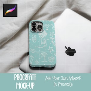 May include: A light blue phone case with a white outline design of a cowboy boot, sunglasses, palm trees, and starfish. The text "PROCREATE MOCK-UP" and "Add Your Own Artwork In Procreate" are at the bottom of the image.