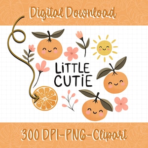 Pequeñas bellezas Clementine Clipart Clementine Invitación al primer cumpleaños Invitación para baby shower de Little Cutie Lata de vidrio PNG Descarga digital