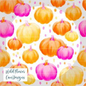 May include: A repeating pattern of colorful pumpkins in shades of orange, yellow, and pink, with green stems, scattered on a light gray background. The design includes small, colorful polka dots and the text "Wild Flower Can Designs".