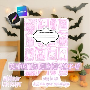 May include: A composition notebook with a pink and white Halloween-themed design. The cover features a pattern of framed illustrations including pumpkins, ghosts, and cats. The notebook has a black spine and the words "COMPOSITION BOOK" on the cover.