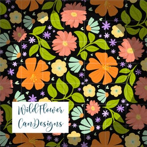 May include: A repeating floral pattern featuring orange, peach, yellow, and blue flowers with green leaves and purple accents on a black background. The text "Wild Flower Can Designs" is in a white box.