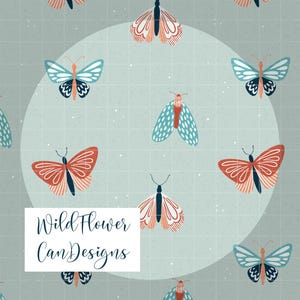 May include: A repeating pattern of stylized butterflies and moths in coral, teal, and navy blue on a pale green grid background. The text "Wild Flower Can Designs" is in a white rectangle.