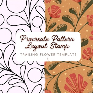 May include: A digital art design featuring a split composition. One side showcases a black and white floral outline on a light pink background. The other side displays a floral pattern with red flowers and green leaves on a tan background. Text reads "Procreate Pattern Layout Stamp".