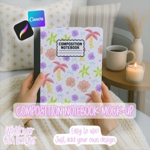Peut inclure: Un cahier de composition avec une couverture blanche ornée d'un motif de palmiers, de coquillages et de nœuds aux couleurs pastel. Le cahier porte l'inscription "COMPOSITION NOTEBOOK" sur le devant. L'image comprend également le texte "COMPOSITION NOTEBOOK MOCK-UP", "Easy to use!" et "Just add your own design".