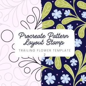 Puede incluir: Diseño de arte digital con un fondo dividido que muestra patrones florales. Un lado tiene un fondo rosa claro con arte lineal negro, el otro un azul marino con flores azules y hojas verdes. Texto: "Procreate Pattern Layout Stamp" y "Trailing Flower Template 2".