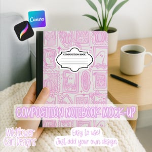 May include: A composition notebook with a pink and white pattern featuring framed illustrations of a cat, pumpkin, ghost, and other designs. The notebook has a black spine and a label that says "COMPOSITION BOOK". The text "COMPOSITION NOTEBOOK MOCK-UP" is also visible.