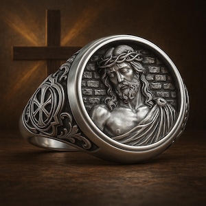 Sterling Silver Jesus Ring: Crown of Thorns Christian Signet