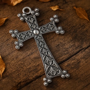Armenian Khachkar Cross Pendant: Sterling Silver Floral Eternity Necklace