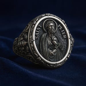 Saint Peter Apostle Ring | 925 Sterling Silver Oval Signet | Keys of Heaven & Papal Symbols | Catholic Christian Gift