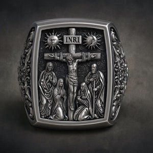 INRI Crucifixion Sterling Silver Signet Ring: Christian Catholic Jewelry