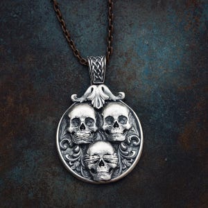 925 Sterling Silver Skull Necklace, Gothic Jewelry, See No Evil, Gothic Necklace, Fashion Necklace, Unisex Punk Accessory