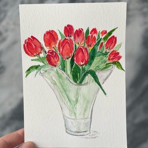 Dipinto originale di bouquet di tulipani rosso chiaro finito in acquerello