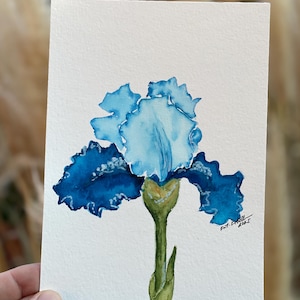 Dipinto floreale originale ad acquerello di Iris, fiore di nascita di febbraio