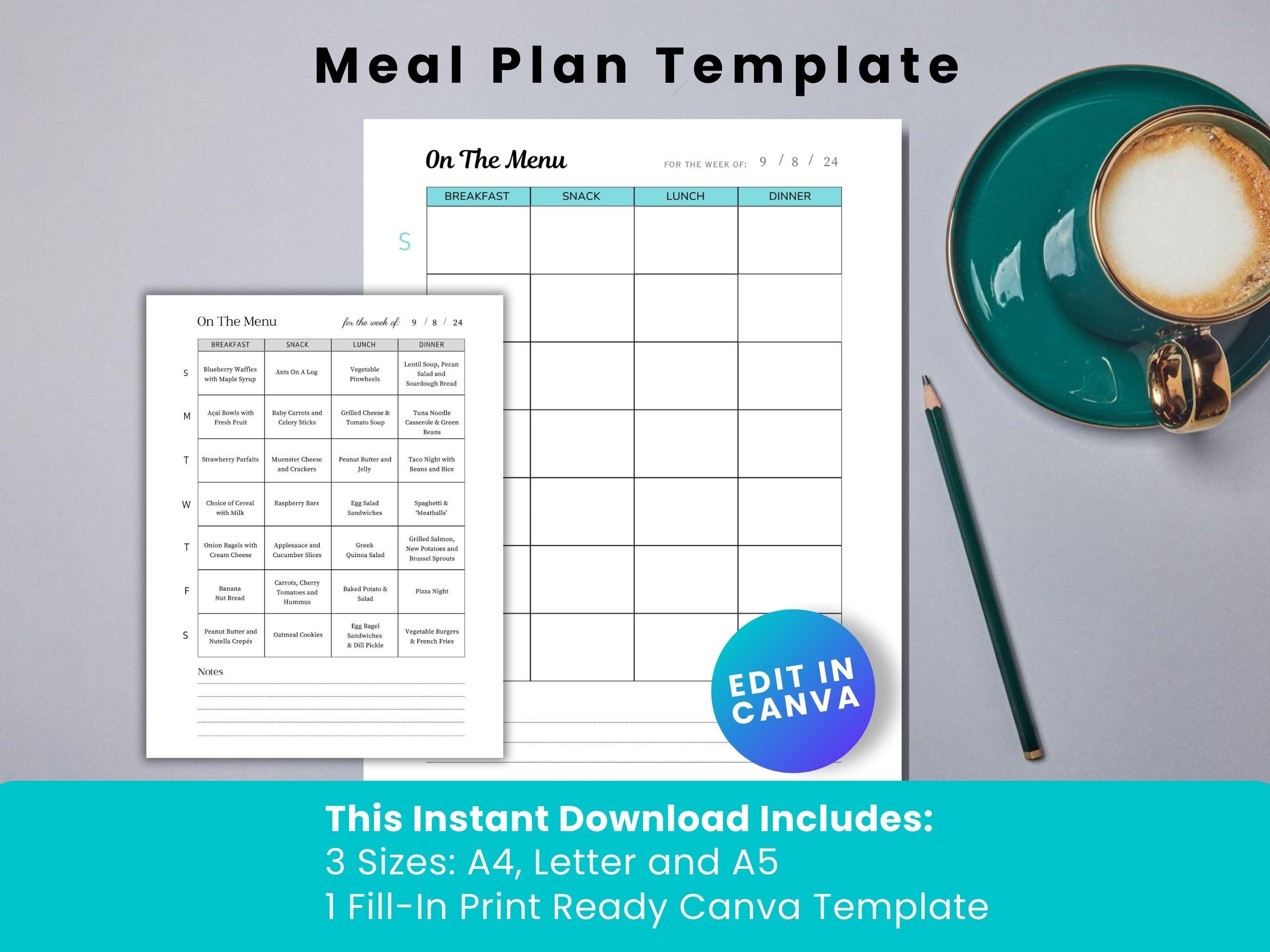 Weekly Meal Plan Template, Menu Planner, Food Planning, Canva Template ...