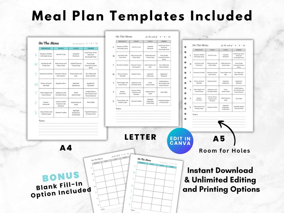 Weekly Meal Plan Template, Menu Planner, Food Planning, Canva Template ...