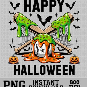 Puede incluir: Un gráfico temático de Halloween con las palabras "HAPPY HALLOWEEN" en negro. El diseño incluye bates de béisbol cruzados con baba verde, una pelota de béisbol con una araña, murciélagos y calabazas. También incluye el texto "PNG INSTANT DOWNLOAD 300 DPI."