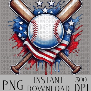 Peut inclure: Une balle de baseball avec des coutures rouges est au centre de l'image. Deux batte de baseball en bois sont croisées derrière la balle. Un drapeau américain rouge, blanc et bleu est drapé sur les batte. Des éclaboussures de peinture rouge, blanche et bleue sont derrière la balle de baseball et les batte. Le texte "INSTANT DOWNLOAD 300 DPI" est en bas de l'image.
