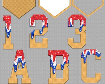 red white blue ice cream drip baseball alphabet and numbers bundle png, Drip usa sport alphabet number Sublimation, patriotic Drip Ice cream