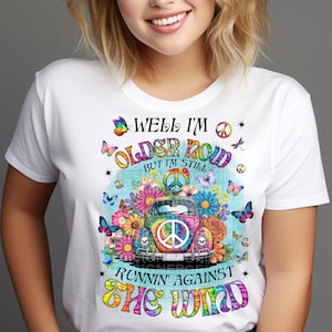 well I am older now but I am still running against the wind sublimation, hippie style car and flowers png, Peace Love Download, Groovy PNG