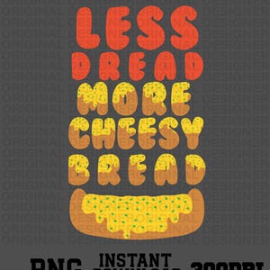 Puede incluir: Gráfico digital con el texto "LESS DREAD MORE CHEESY BREAD" en naranja y amarillo, diseñado para parecerse a pan con queso. Las palabras están apiladas verticalmente sobre un fondo gris. La parte inferior de la imagen incluye "PNG INSTANT DOWNLOAD 300DPI".