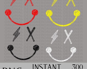 Baseball smiley face png, Grunge Design, Yellow, Red, Black and White Variants, distorted grunge png, commercial use