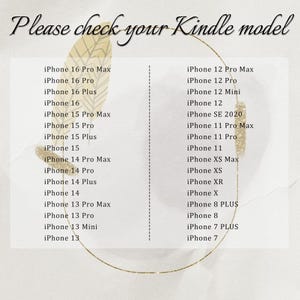 以下が含まれることがあります： iPhone 16 Pro Max、iPhone 15 Pro、iPhone 14など、iPhoneモデルのリストが表示されています。「Please check your Kindle model」というテキストが上部にあります。リストは、金色の輪郭を持つ円形デザインで配置されています。