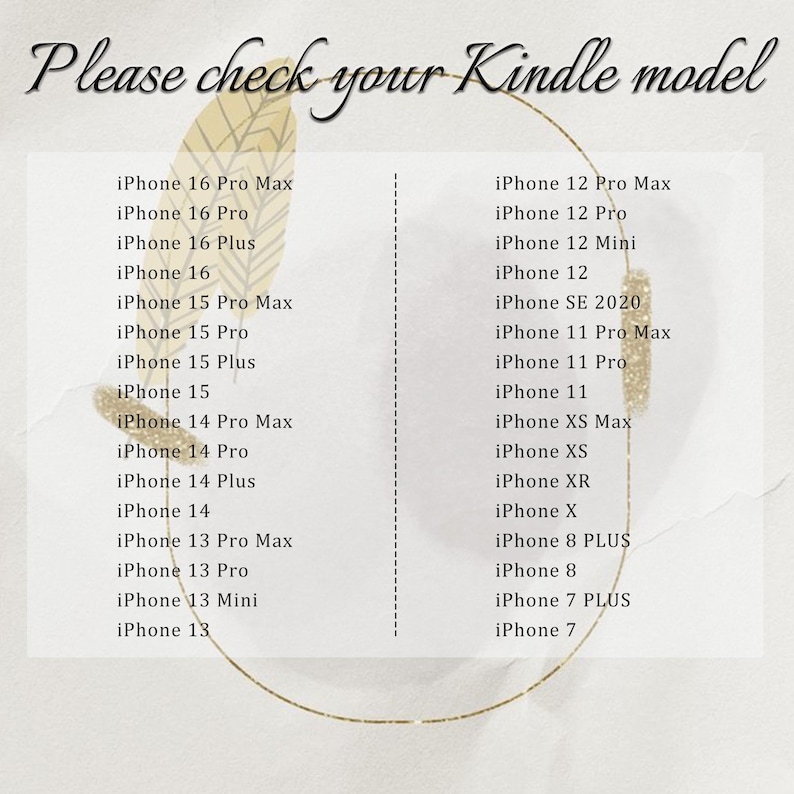 以下が含まれることがあります： iPhone 16 Pro Max、iPhone 15 Pro、iPhone 14など、iPhoneモデルのリストが表示されています。「Please check your Kindle model」というテキストが上部にあります。リストは、金色の輪郭を持つ円形デザインで配置されています。