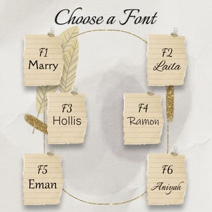 以下が含まれることがあります： 「Choose a Font」のテキストがエレガントな筆記体で書かれた画像。6つの付箋のような長方形に、Marry、Laila、Hollis、Ramon、Eman、Aniyahという名前が異なるフォントで表示されています。背景は水彩画風で、金色のアクセントが施されています。