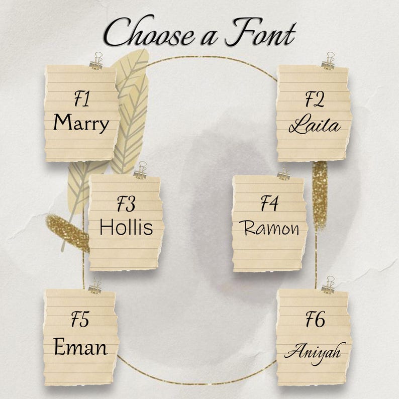 以下が含まれることがあります： 「Choose a Font」のテキストがエレガントな筆記体で書かれた画像。6つの付箋のような長方形に、Marry、Laila、Hollis、Ramon、Eman、Aniyahという名前が異なるフォントで表示されています。背景は水彩画風で、金色のアクセントが施されています。