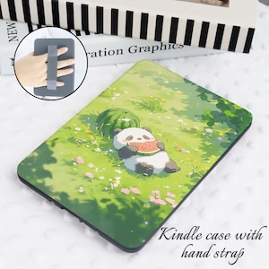 May include: A green and white Kindle case with a panda bear eating watermelon. The case has a hand strap.