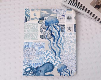 Blue Coastal Scrapbook Printed iPad Case, iPad Air 7/5/6 iPad 10/9/8/7 10.9&quot; 10.2&quot; iPad Pro 12.9&#39;&#39; 2022/2021 Pro 11&quot; 13&#39;&#39; iPad Mini 7/6 Case