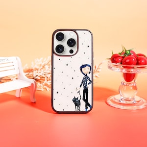May include: A phone case featuring a character illustration with a black cat and star pattern on a white background. The case has a brown border and a camera cutout. The design is a cartoon style.