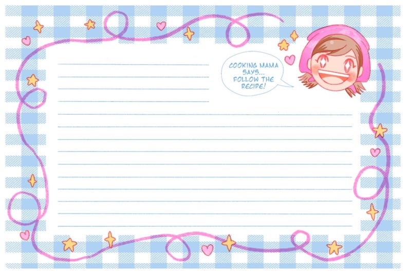 May include: A rectangular notepad with a light blue and white gingham pattern border. The center features horizontal lines for writing. A cartoon character with a pink head covering and the text COOKING MAMA SAYS... FOLLOW THE RECIPE! appears in the top right corner, surrounded by pink swirls, small yellow stars, and pink hearts.