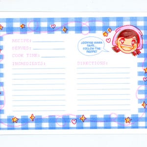 May include: A rectangular recipe card with a blue and white gingham border, decorated with small stars and hearts. It features fields for recipe, serves, cook time, ingredients, and directions. A cartoon character head says, "COOKING MAMA SAYS... FOLLOW THE RECIPE!"