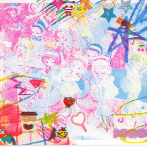 May include: A vibrant collage print featuring a mix of pink and blue hues, layered with various illustrations including cartoon characters, a rotary telephone, a coffee cup, stars, hearts, ladybugs, and cherries, with the text "LOOK UP" in the corner.