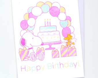 snoopy happy birthday 5x4 risograph greeting card