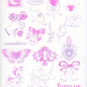 May include: A collection of pink illustrations on a white background. The drawings include a crescent moon stamp, a teacup, a heart-shaped lollipop, a bunny holding a heart, a bow and arrow, a bow, a butterfly, a keyhole, a deer, and two birds. The word "sensitive" and "forever" are also included.