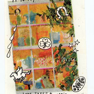 May include: A rectangular art print featuring a window grid with orange-toned panes, overlaid with hand-drawn illustrations including a horseshoe, clover, stars, and a winged horse. Text reads: It is my lucky day, everything is going swimmingly, and I feel majestic as a horse, type "YES" to affirm, and 21/40.