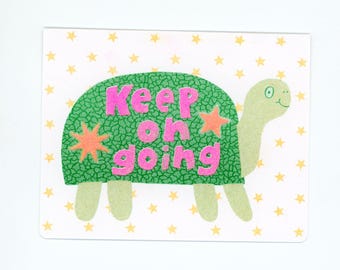 keep on going turtle 5×4 risograph greeting card