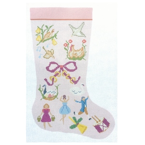 May include: A white needlepoint Christmas stocking featuring a pink cuff and colorful cross-stitch motifs inspired by the Twelve Days of Christmas, including a partridge in a pear tree, a hen, a bow, dancers, and musical instruments on a grid canvas.