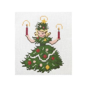 Ragazza bionda con fiocco sull'albero di Natale, stampa su tela ricamata