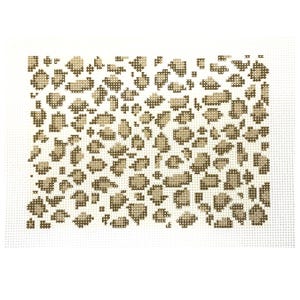 May include: A canvas with a leopard print design. The pattern features various sized brown and tan spots on a white background. The canvas is made of a woven material.