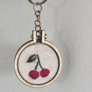 Hand-Stitched Embroidered Cherry Keychain – Miniature Hoop Art