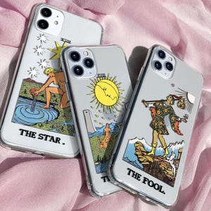 Funda para teléfono con diseño de cartas de tarot místicas estéticas / Funda transparente gótica / Arte psicodélico / Funda para iPhone 16, 15, 14, 13, 12 y 11 Pro Max