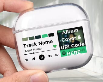 May include: A clear plastic case for AirPods with a colourful design. The case features a green and black progress bar, a green heart, and the text "Track Name", "Artist Name", "Album Cover & URI Code", and "HERE".