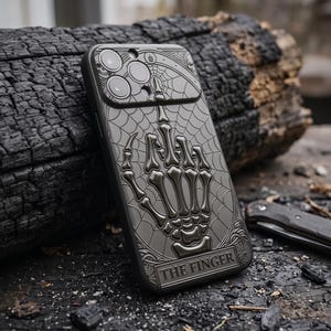 Puede incluir: Una funda de teléfono gris oscuro con una mano de esqueleto en relieve con acabado metálico haciendo un gesto de dedo medio sobre un fondo de telaraña. La parte inferior incluye una placa rectangular con el texto en relieve THE FINGER.