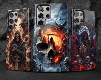 Coque de téléphone double protection ultra-résistante à motif crâne gothique et faucheuse - Compatible Samsung S26, iPhone 18 et Google Pixel 11 Pro